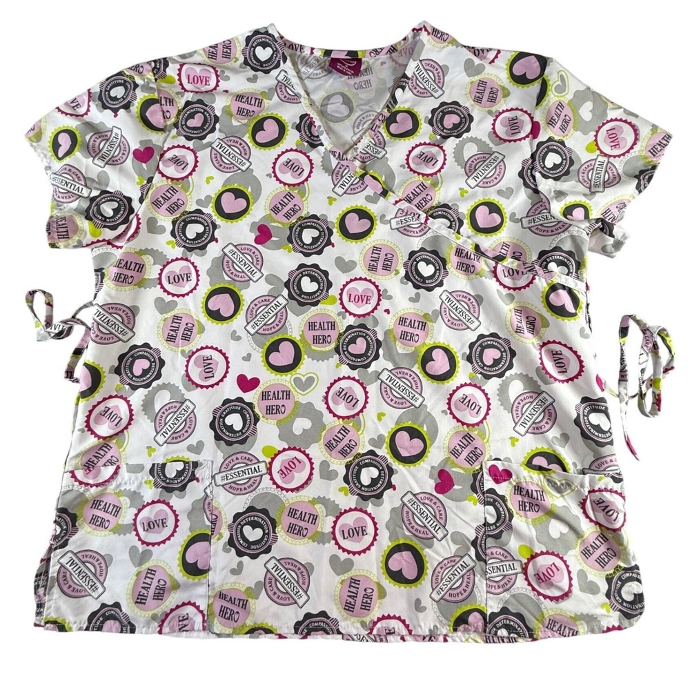 Scrub Top White Pink Health Hero Love Essential Nurse Medical Workwear 1X